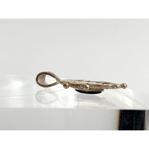 Art Deco Black Onyx Sterling Silver Modernist Marcasite 925 Vintage Pendant - Picture 7 of 8